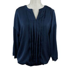 Covington Pleated Front Blouse Womens Size XL Navy Blue V‎ Neck Office Business